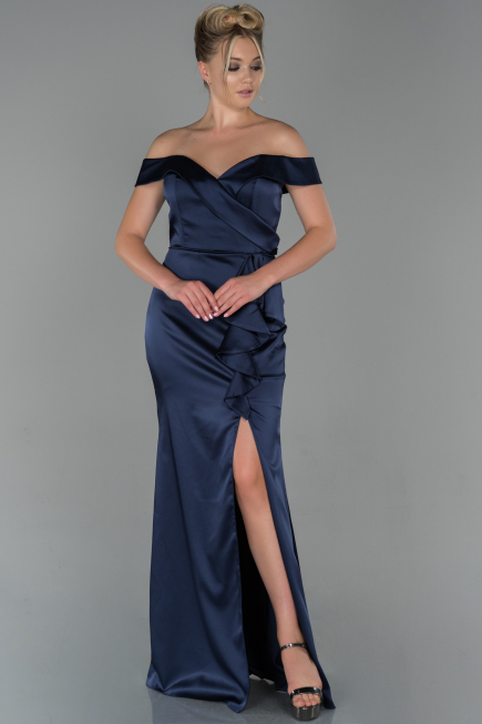 Abendkleid Satin Lang Marineblau ABU1713