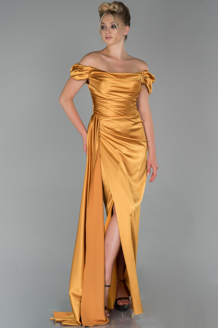 Verlobungskleid Satin Lang Senfgelb ABU1606
