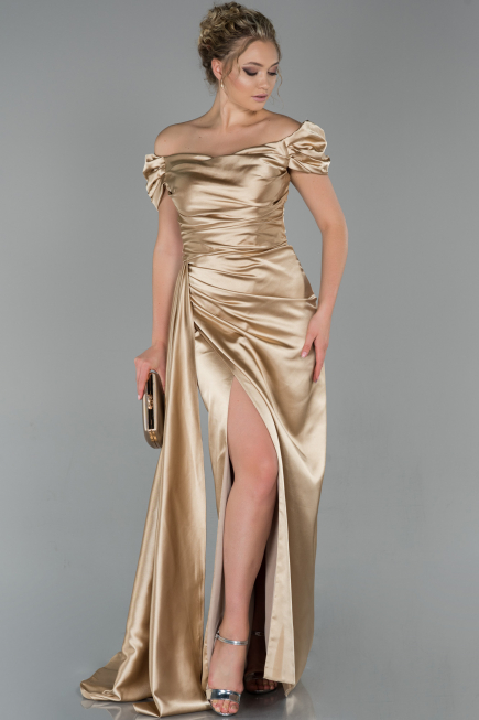 Verlobungskleid Satin Lang Gold ABU1606