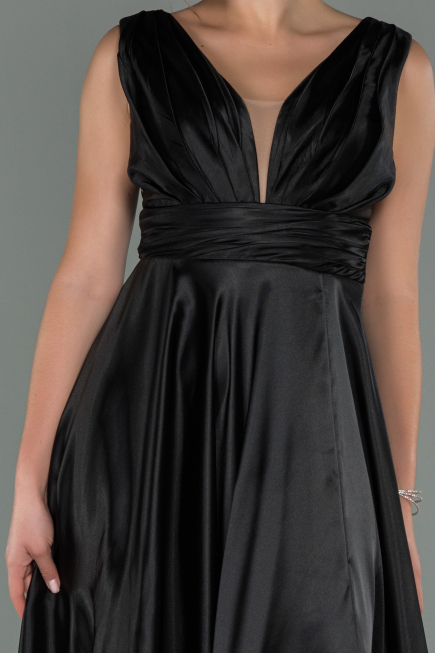 Schwarz Abendkleid Satin Lang ABU1737