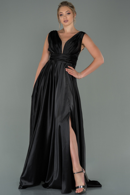 Schwarz Abendkleid Satin Lang ABU1737