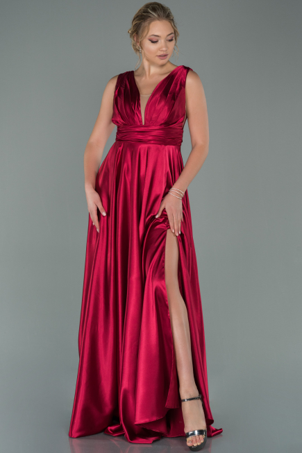 Kirschrot Abendkleid Satin Lang ABU1737