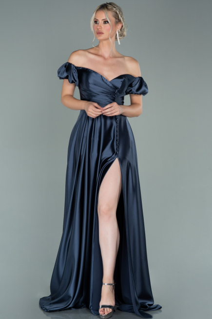 Anthrazit Abendkleid Satin Lang ABU1840