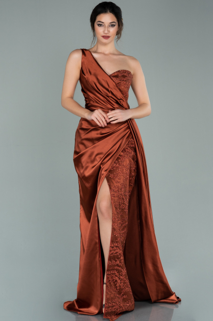 Zimtfarben Abendkleid Satin Lang ABU2028