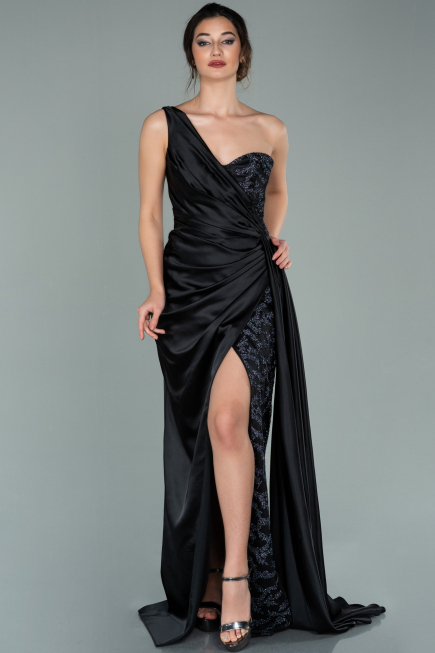 Schwarz Abendkleid Satin Lang ABU2028