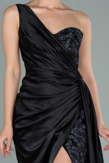 Schwarz Abendkleid Satin Lang ABU2028