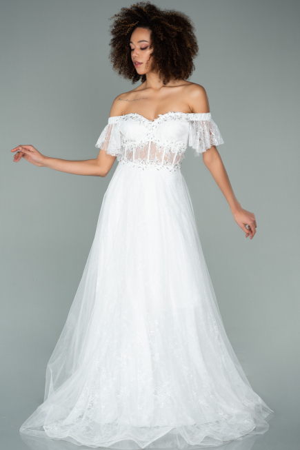 Abendkleid Lang Spitze Weiß ABU1666