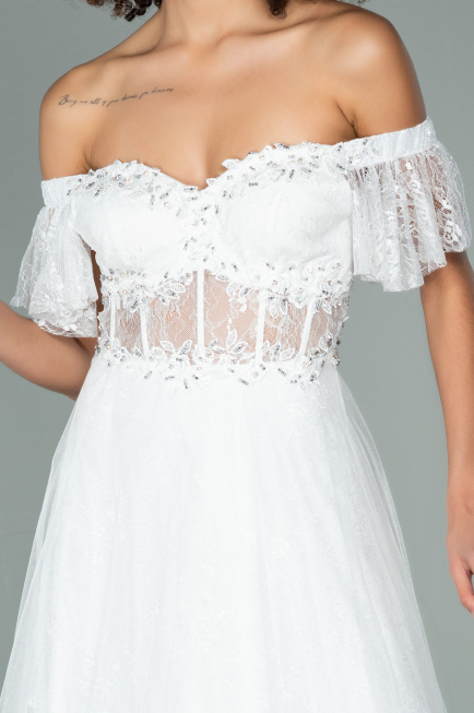 Abendkleid Lang Spitze Weiß ABU1666