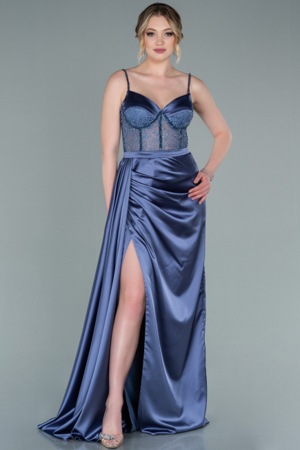 Indigo Abendkleid Satin Lang ABU2130