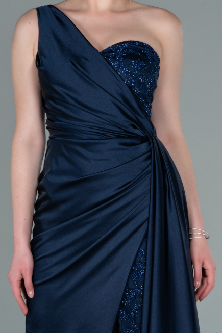 Marineblau Abendkleid Satin Lang ABU2028
