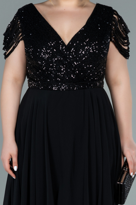 Kleider in Großen Größen Kurz Chiffon Schwarz ABK1376