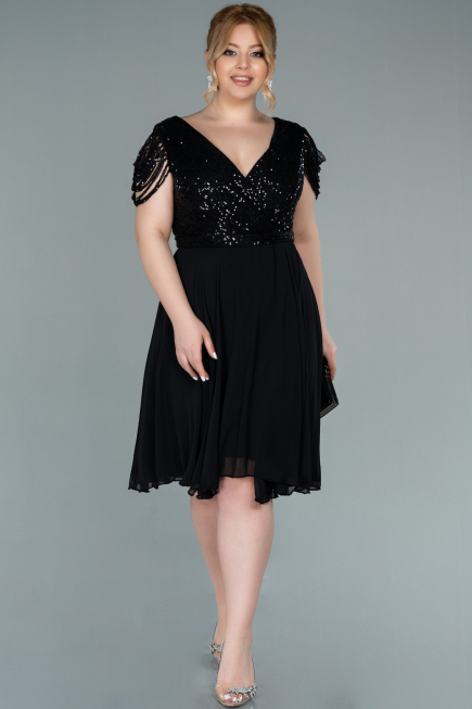 Kleider in Großen Größen Kurz Chiffon Schwarz ABK1376