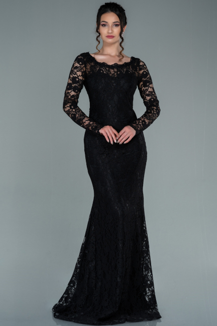 Abendkleid Lang Guipure Spitze Schwarz ABU1571