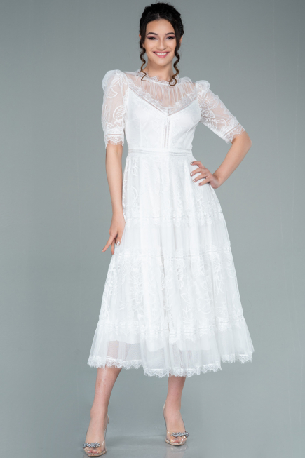 Abendkleid Midi Spitze Weiß ABK1388