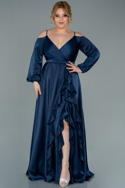 Kleider in Großen Größen Lang Satin Marineblau ABU2358