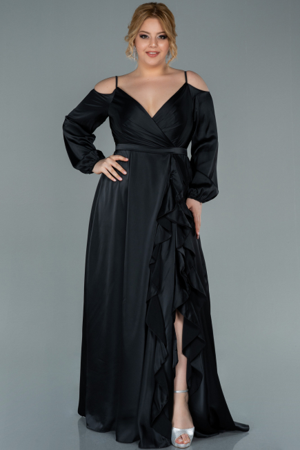 Kleider in Großen Größen Lang Satin Schwarz ABU2358