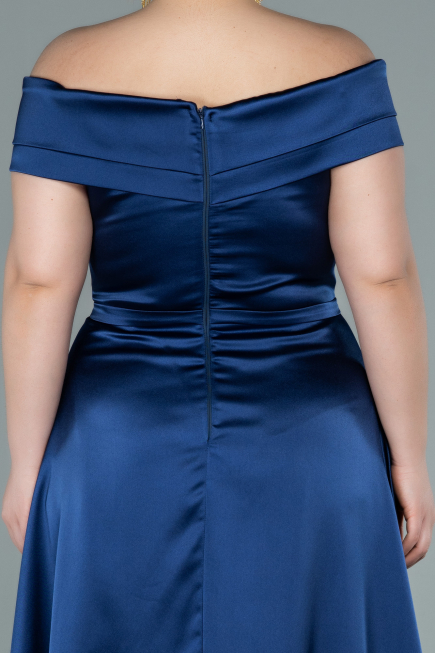 Abendgarderobe in Großen Größen Lang Satin Marineblau ABU2355