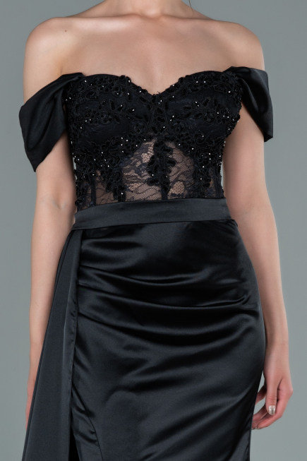 Abendkleid Lang Satin Schwarz ABU2374