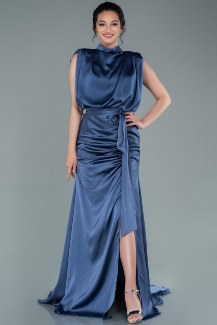 Grau-Indigo Abendkleid Satin Lang ABU2133