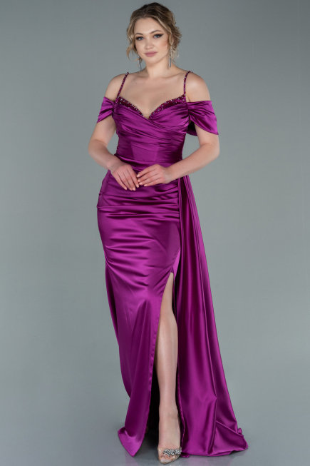 Abendkleid Lang Satin Fuchsie ABU2379