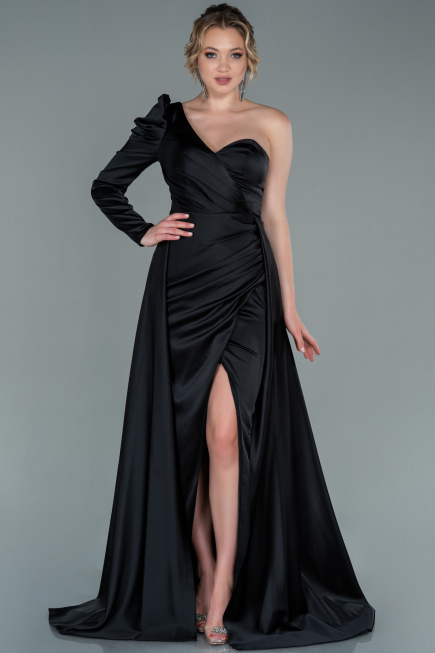 Schwarz Abendkleid Satin Lang ABU1715