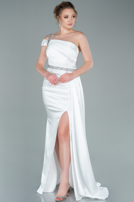 Abendkleid Lang Satin Weiß ABU2363
