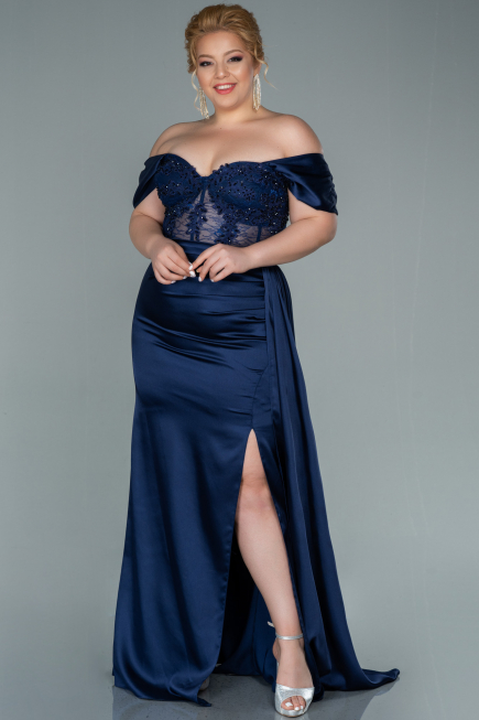 Kleider in Großen Größen Lang Satin Marineblau ABU2371