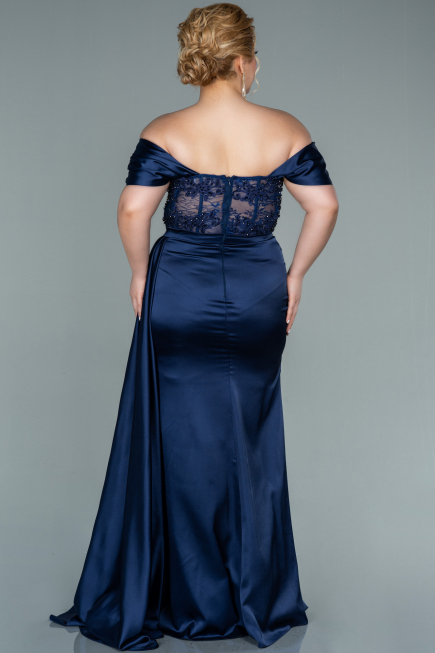 Kleider in Großen Größen Lang Satin Marineblau ABU2371