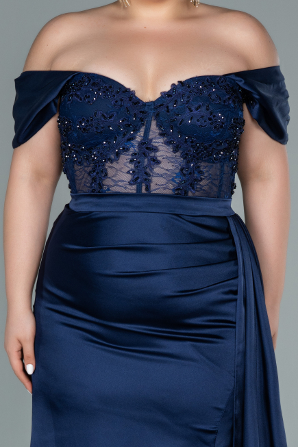 Kleider in Großen Größen Lang Satin Marineblau ABU2371