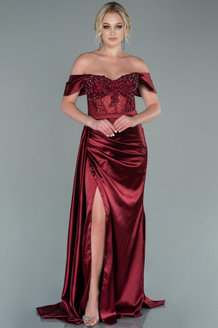 Weinrot Abendkleid Satin Lang ABU2087