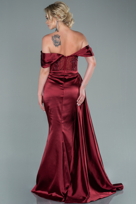 Weinrot Abendkleid Satin Lang ABU2087