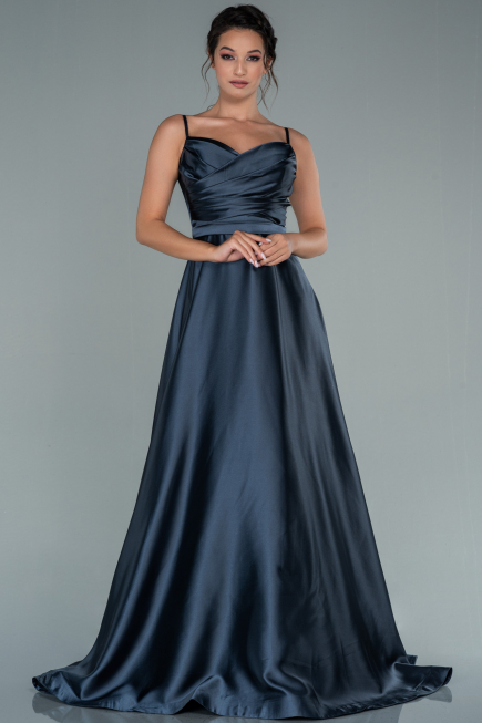 Anthrazit Abendkleid Satin Lang ABU1601