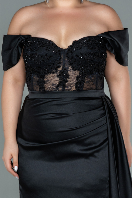 Kleider in Großen Größen Lang Satin Schwarz ABU2371