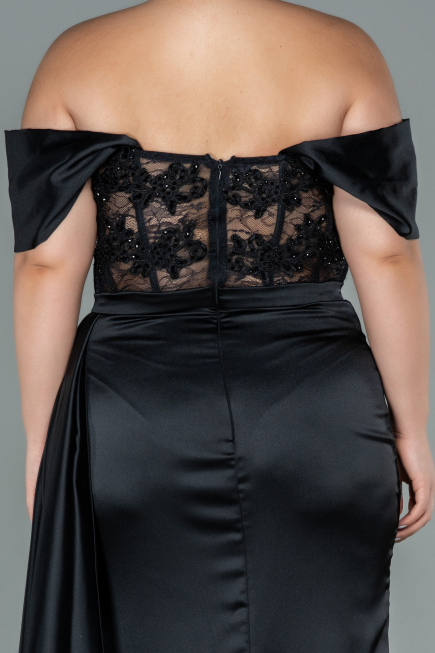 Kleider in Großen Größen Lang Satin Schwarz ABU2371