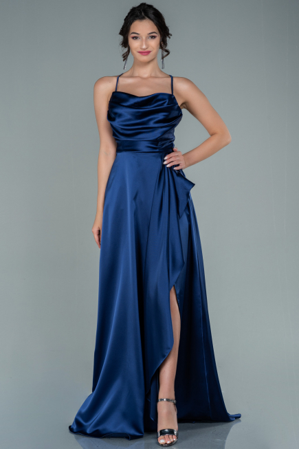 Marineblau Abendkleid Satin Lang ABU1843