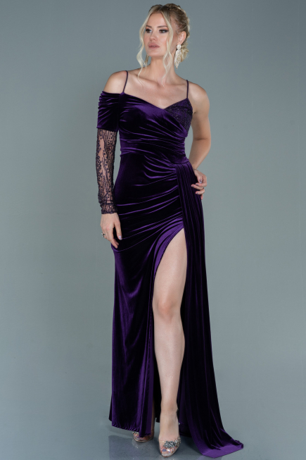 Abendkleid Lang Samt Violett dunkel ABU2605