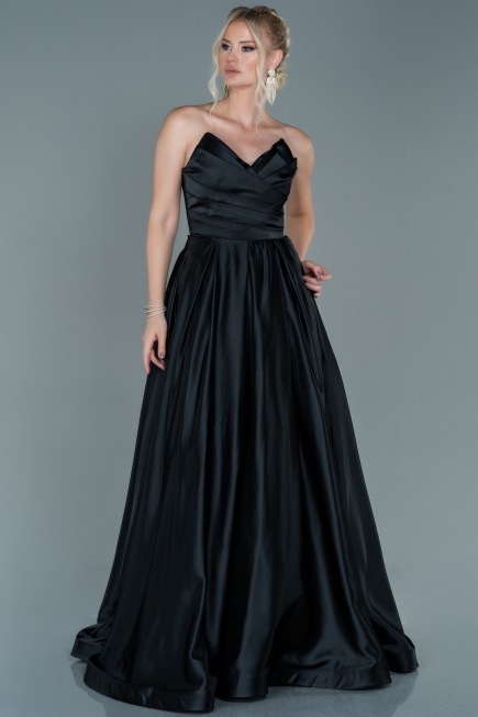 Abendkleid Lang Satin Schwarz ABU2600