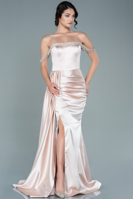 Abendkleid Lang Satin Beige ABU2618