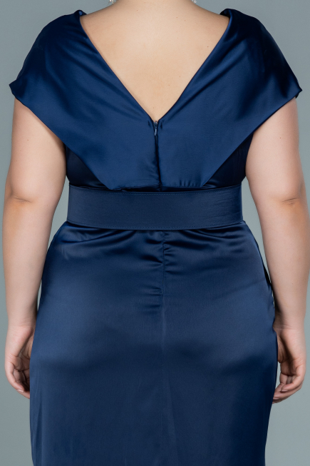 Abendgarderobe in Großen Größen Midi Satin Marineblau ABK1499