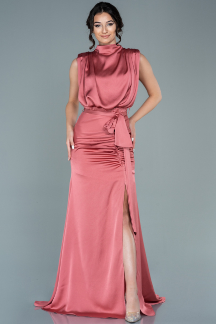 Lachs Abendkleid Satin Lang ABU2133