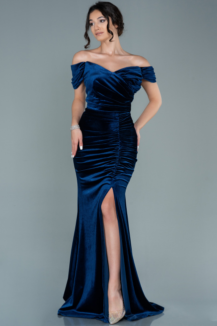 Abendkleid Lang Samt Marineblau ABU2672