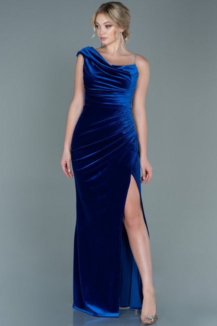 Abendkleid Lang Samt Sächsischblau ABU2687