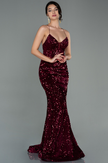 Abendkleid im Meerjungfrau-Stil Lang Samt Weinrot ABU2787