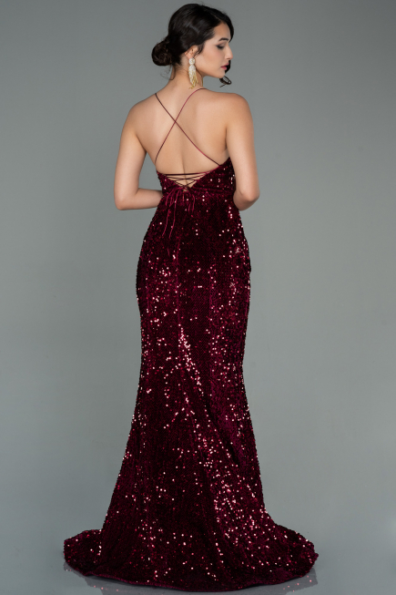Abendkleid im Meerjungfrau-Stil Lang Samt Weinrot ABU2787
