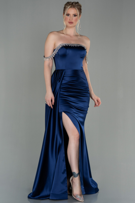 Marineblau Abendkleid Satin Lang ABU2618