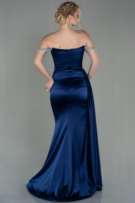 Marineblau Abendkleid Satin Lang ABU2618