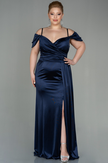 Kleider in Großen Größen Lang Satin Marineblau ABU2855