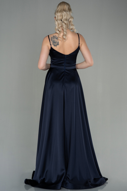 Dunkles Marineblau Abendkleid Satin Lang ABU1601