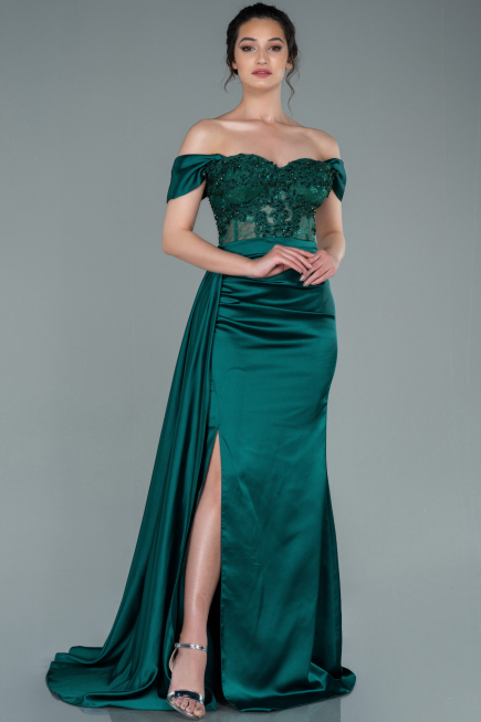 Abendkleid Lang Satin Smaragdgrün ABU2374