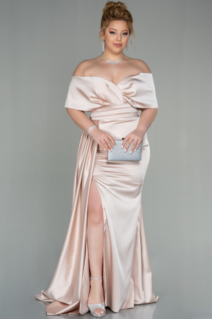 Beige Kleider İn Großen Größen Satin Lang ABU2873